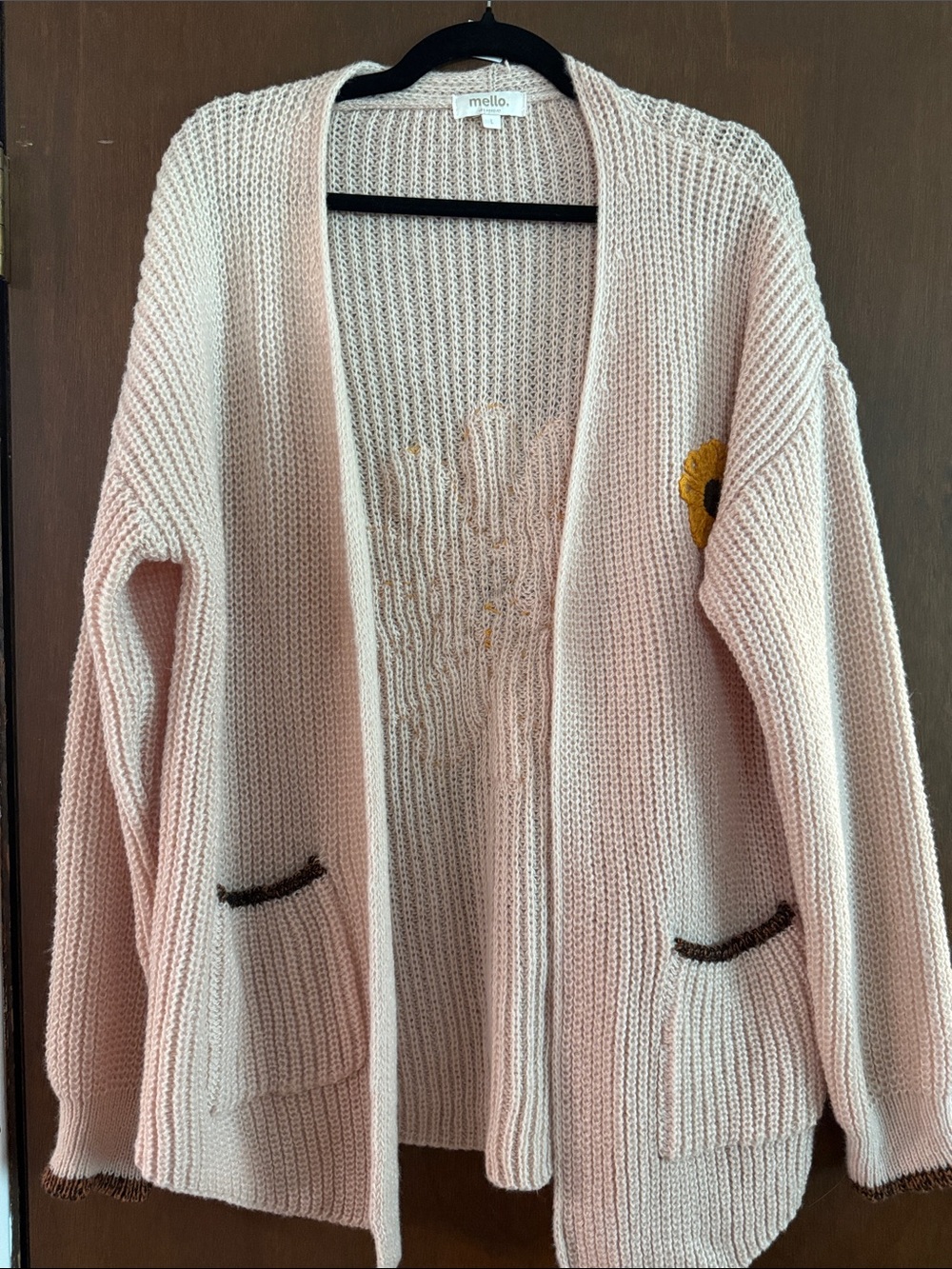 Khaki Open-Front Knit Cardigan with Sunflower Detail